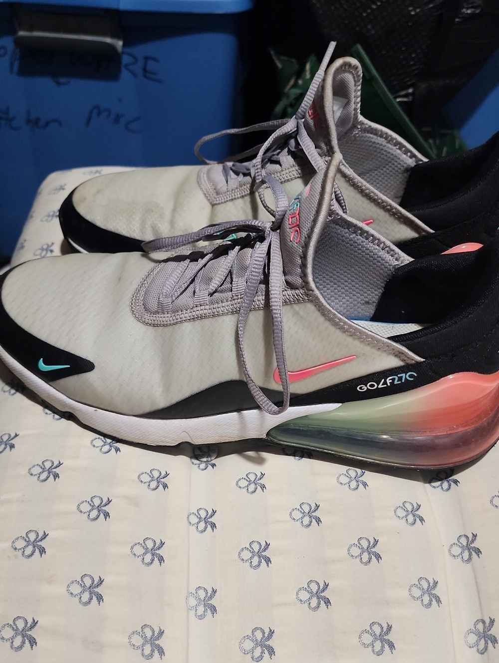 Nike GOLF Air Max 270 React Sneakers in Light Gray, Black and Coral